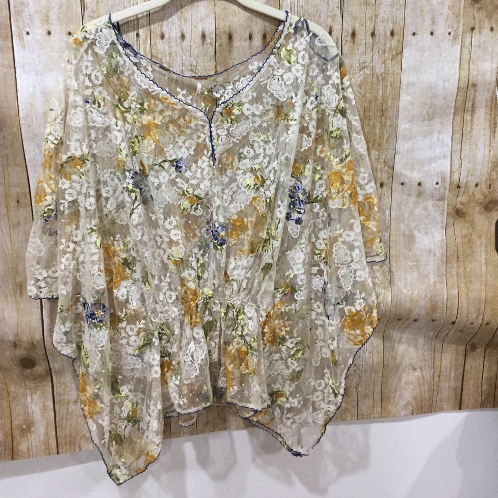 Free People Floral Lace Sheer Tunic in Cream, Yellow & Blue